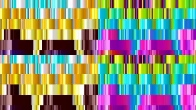 4K动态动画抽象色块故障图案，带有明亮的霓虹条纹。生动的数字故障图案，呈现蓝色、绿色、粉色和黄色色调