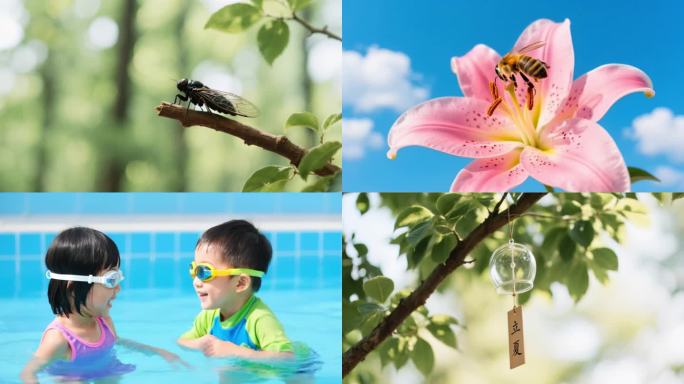 立夏夏至夏天夏日荷花西瓜蓝天白云阳光树叶