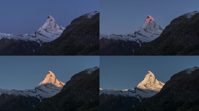实拍瑞士马特洪峰的日出光辉日照金山