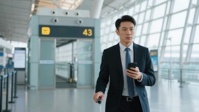 精英人士候机厅使用手机商务男士机场出行