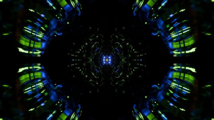 旋转的几何形状和脉动的光线，令人着迷的VJ动画。