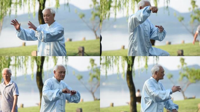 老人打太极 晨练 养身传统文化 银发老人