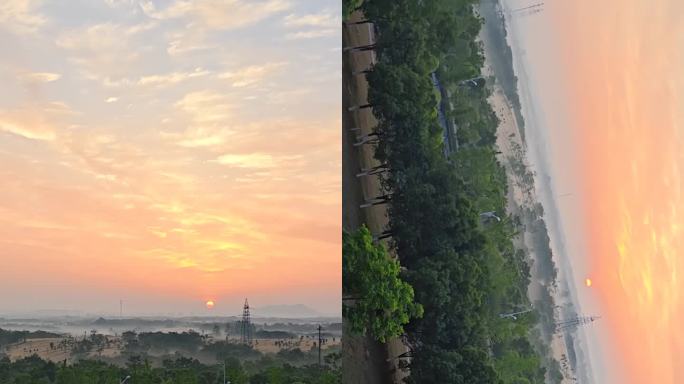 雾气笼罩下的日出美景