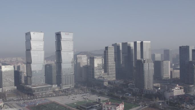 青岛钓鱼台双子建筑航拍远景