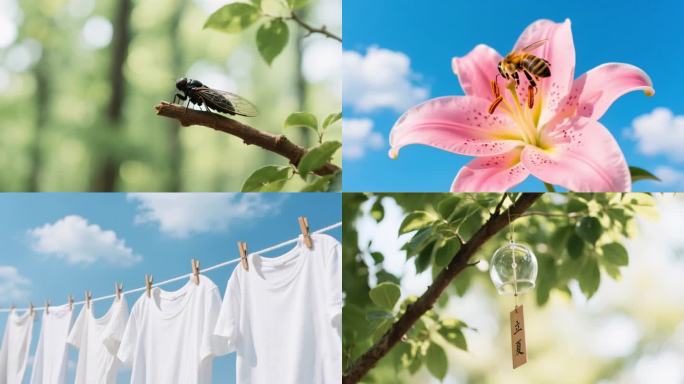 立夏夏至夏天夏日荷花西瓜蓝天白云阳光树叶