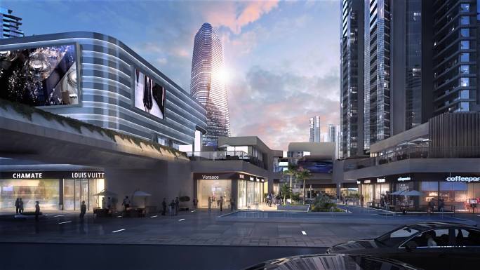三维动画地产现代都市商业街区夜景
