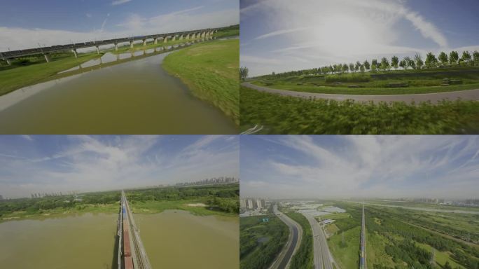 穿梭航拍中欧班列经过铁路桥梁中国铁路轨道