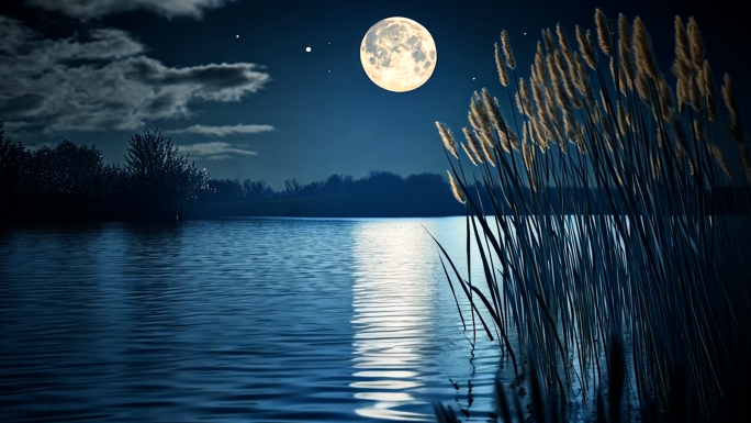 月亮 湖面 芦苇 夜晚 宁静 倒影 水面