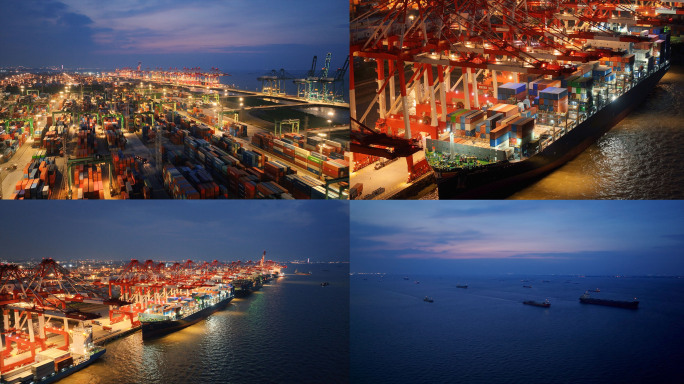 上海港集装箱码头夜间繁忙景象