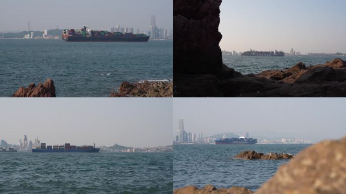 城市海岸线的集装箱货轮