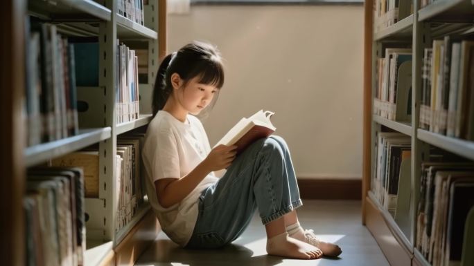 小女孩在图书馆角落看书