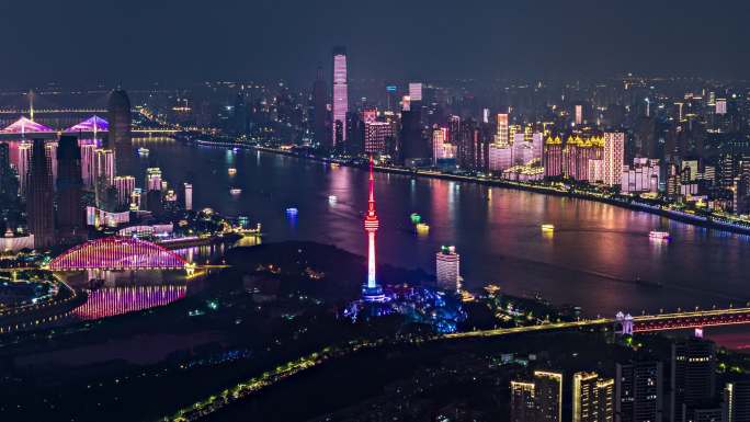 武汉三镇航拍夜景灯光秀延时