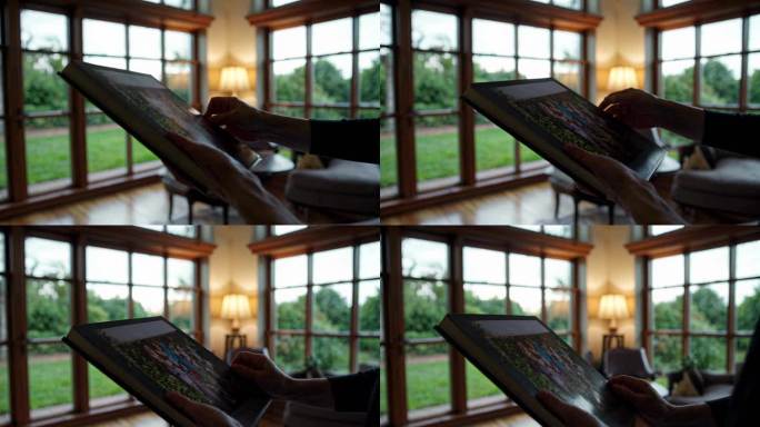 翻阅相册回忆往昔 室内光线下的家庭相册