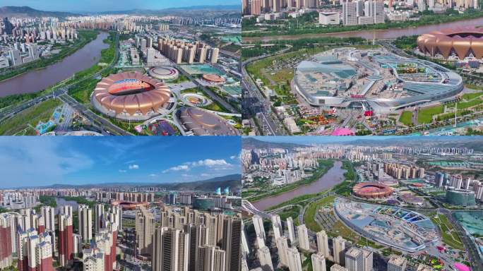 航拍兰州奥体中心和万达广场