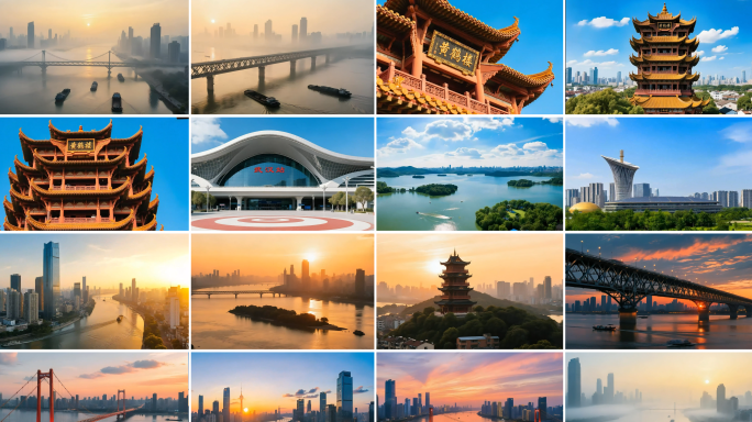 航拍武汉日出延时城市风光长江黄鹤楼地标