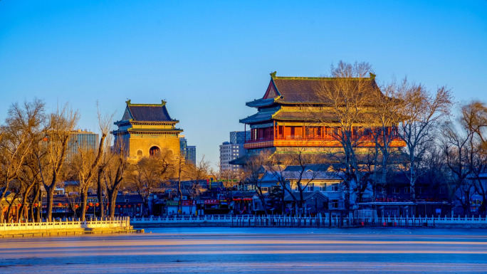 北京钟鼓楼日出老北京胡同