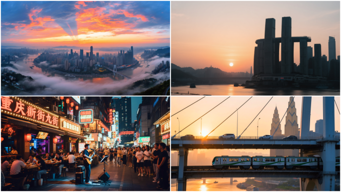 中国云雾都市城市夜景与交通