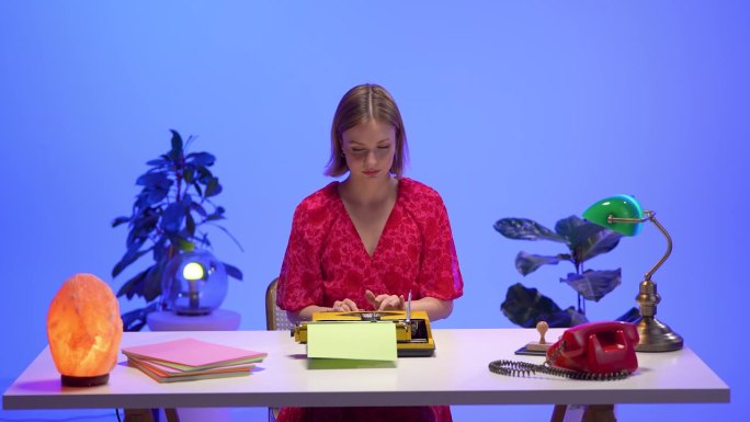 一位专注的女性在一个色彩缤纷的复古桌子上用黄色打字机打字。她被柔和的纸张、红色电话和怀旧的灯光环绕，