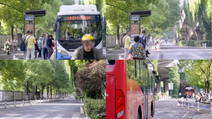 早晨城市公交站台人群日常