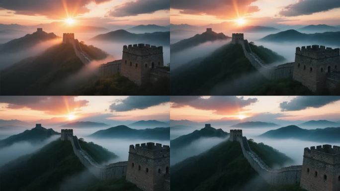 航拍云雾缭绕的壮美万里长城云海日出延时