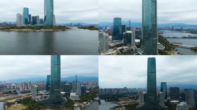 城市天际线与湖泊风光