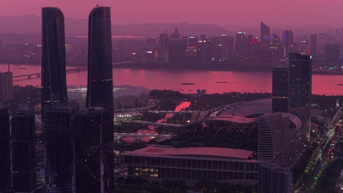 杭州城市奥体世纪城建筑群晚霞夜景
