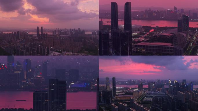 杭州城市奥体世纪城建筑群晚霞夜景