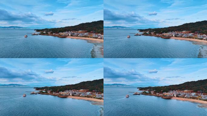接近风景如画的家园和美丽自然的濑户内海岸。鸟瞰山脉和岩石上方的云海。日本观光。