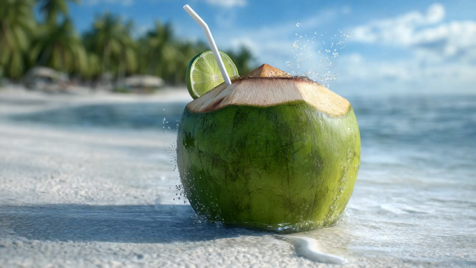 椰子 椰子汁 海滩 饮品 果汁 度假休闲