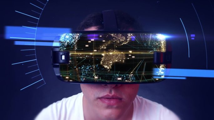 戴着VR眼镜的年轻人被数字地球包围。