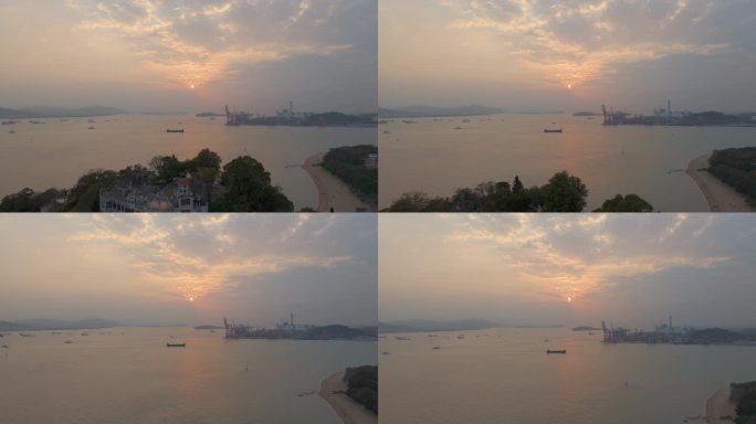 鼓浪屿海岛海上港口日落景观