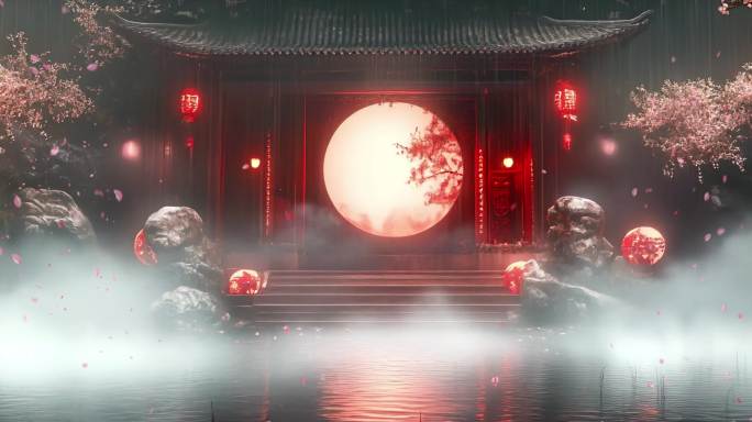 唯美古风月夜樱花朦胧意境中国风舞台背景