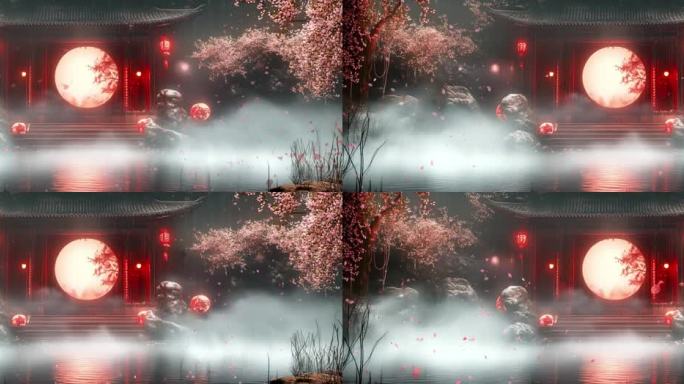唯美古风月夜樱花朦胧意境中国风舞台背景