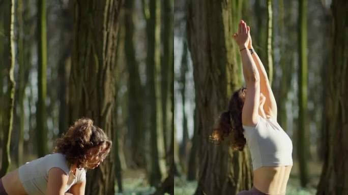 全景侧面视角的健康年轻女性在森林中做战士一式。