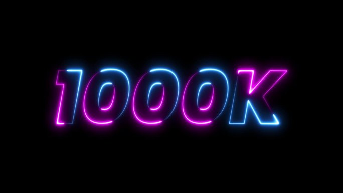 1000k 动画霓虹文字特效视频，黑色背景上的动态效果。1000k 粉丝庆祝文字动画。