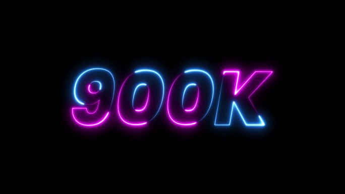 900k 动画霓虹文字特效视频，黑色背景上的动态效果。900k 粉丝庆祝文字动画。