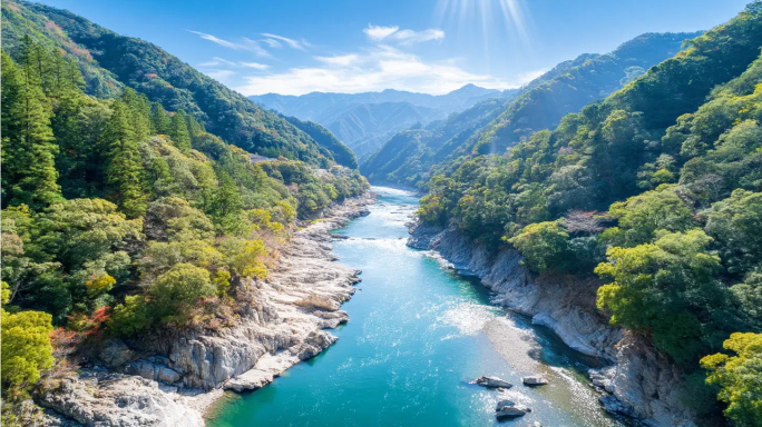 青山绿水河流航拍自然风光日出夕阳山水风情