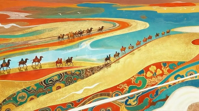 丝绸之路驼队剪影国风沙漠商旅图