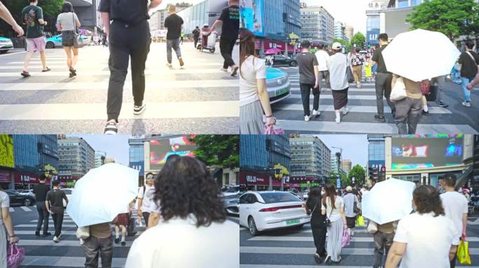 城市行人过马路人流脚步特写