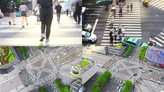 城市行人过马路人流航拍