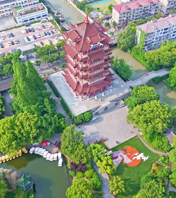 4k实时航拍上海川沙公园-鹤鸣楼