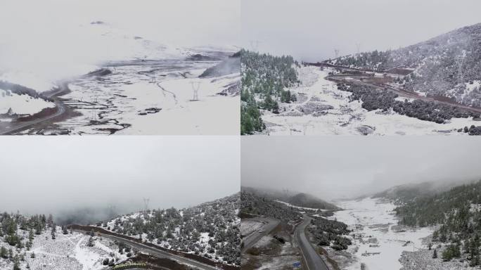 甘孜中咱高原雪山公路航拍雪中215国道