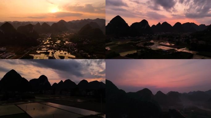 贵州安顺山水喀斯特地貌日落航拍延时