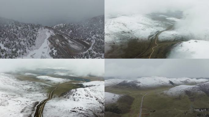 甘孜中咱高原雪山公路航拍雪中215国道