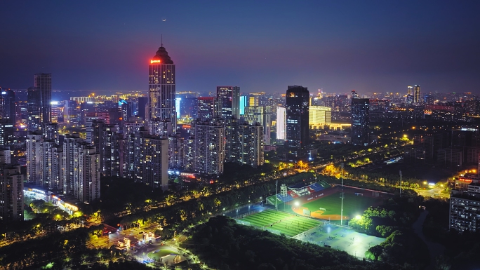 航拍南通城市CBD中央商务区金石夜景