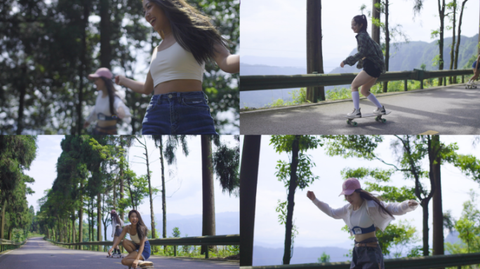 户外山林间穿越的滑板女孩们