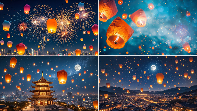 孔明灯祈福中秋节元宵节放飞舞台背景视频