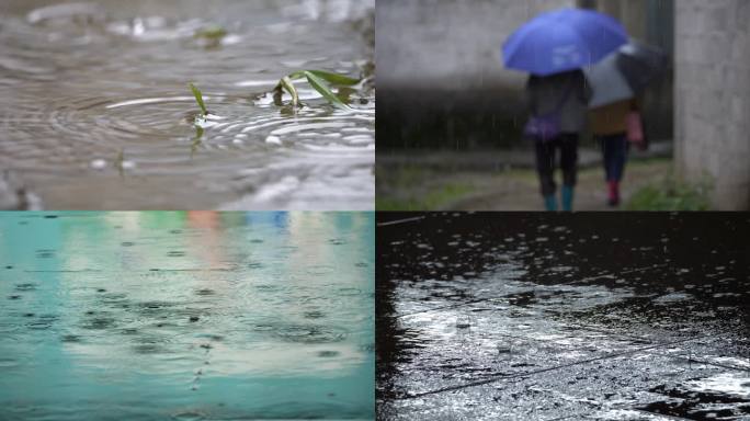 下雨天雨景雨滴落在水面雨中漫步的行人