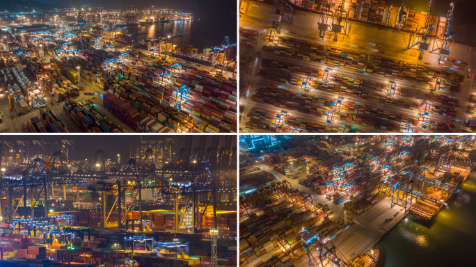 集装箱码头夜间作业 繁忙的港口夜景航拍