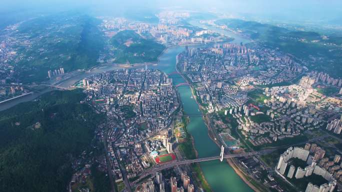 宜宾三江汇合长江超高空城市航拍